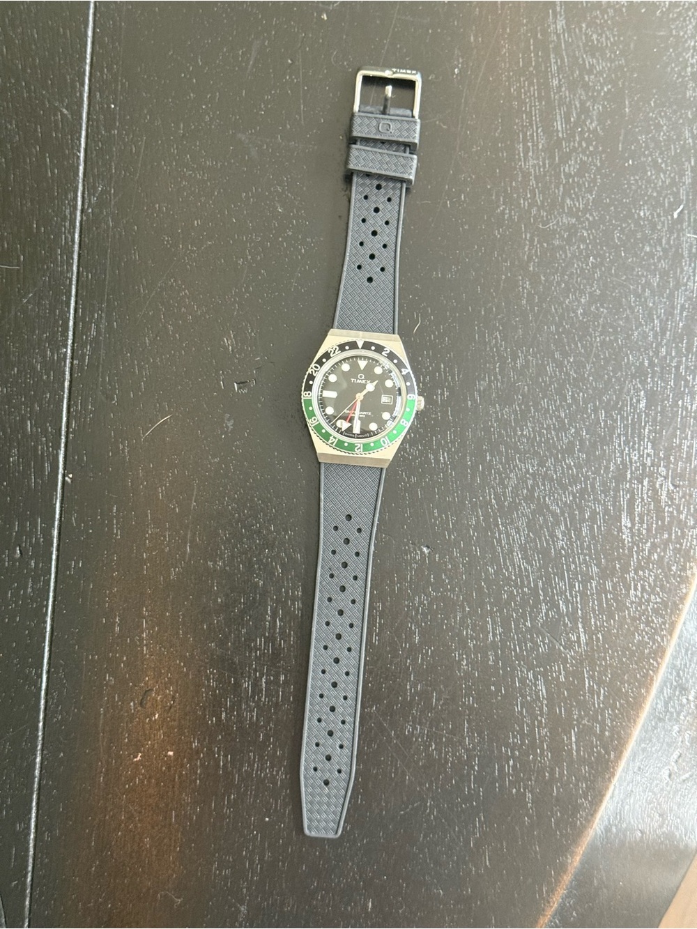 Q Timex GMT Watch Black & Green Bezel Black Rubber Strap 38mm